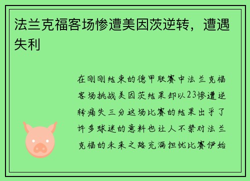 法兰克福客场惨遭美因茨逆转，遭遇失利